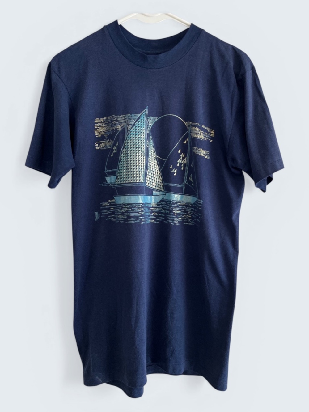 Hanes MENS Vintage Graphic 1991 Navy "Foiled Again" Sailboat Tee Size M